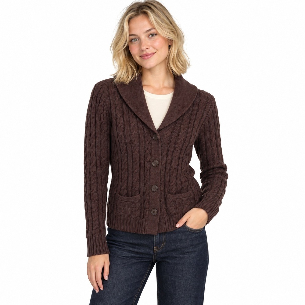 Tommy Hilfiger Cable Knit Cardigan L Brown Shawl Collar Preppy Heritage 2000s